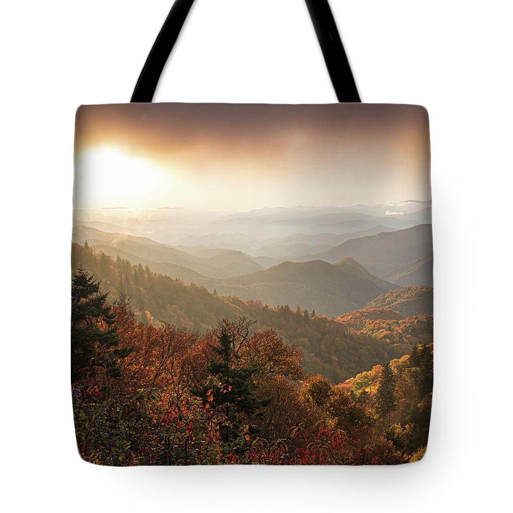 Sunset Tote Bag featuring the photograph Blue Ridge Parkway North Carolina Autumn Explosion by Robert Stephens