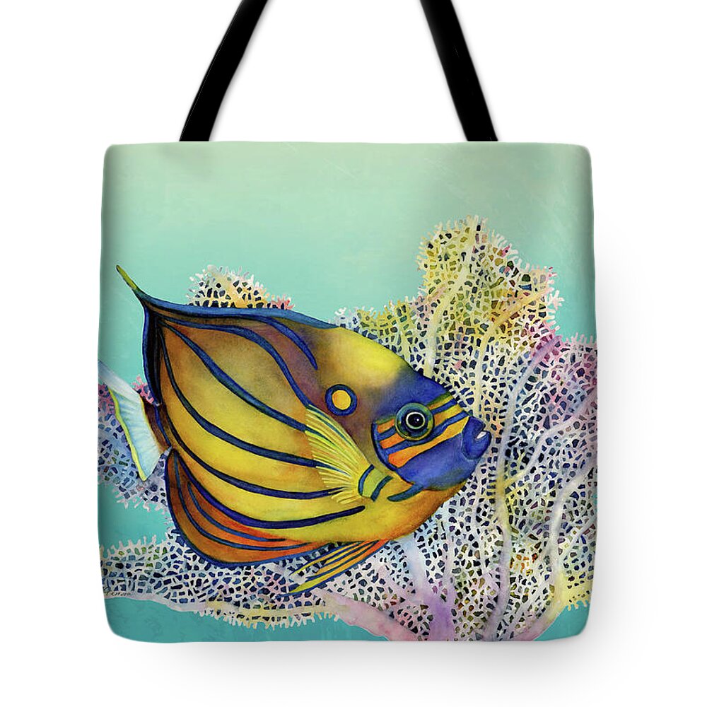 Fish Tote Bag featuring the painting Blue Ring Angelfish on Blue by Hailey E Herrera