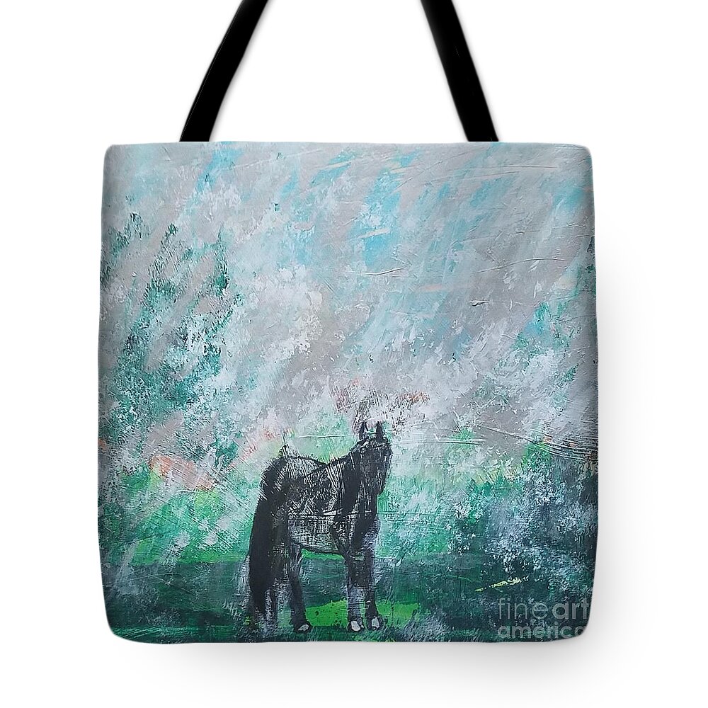  Tote Bag featuring the painting The Blue Roan Horse in Rain by Mark SanSouci