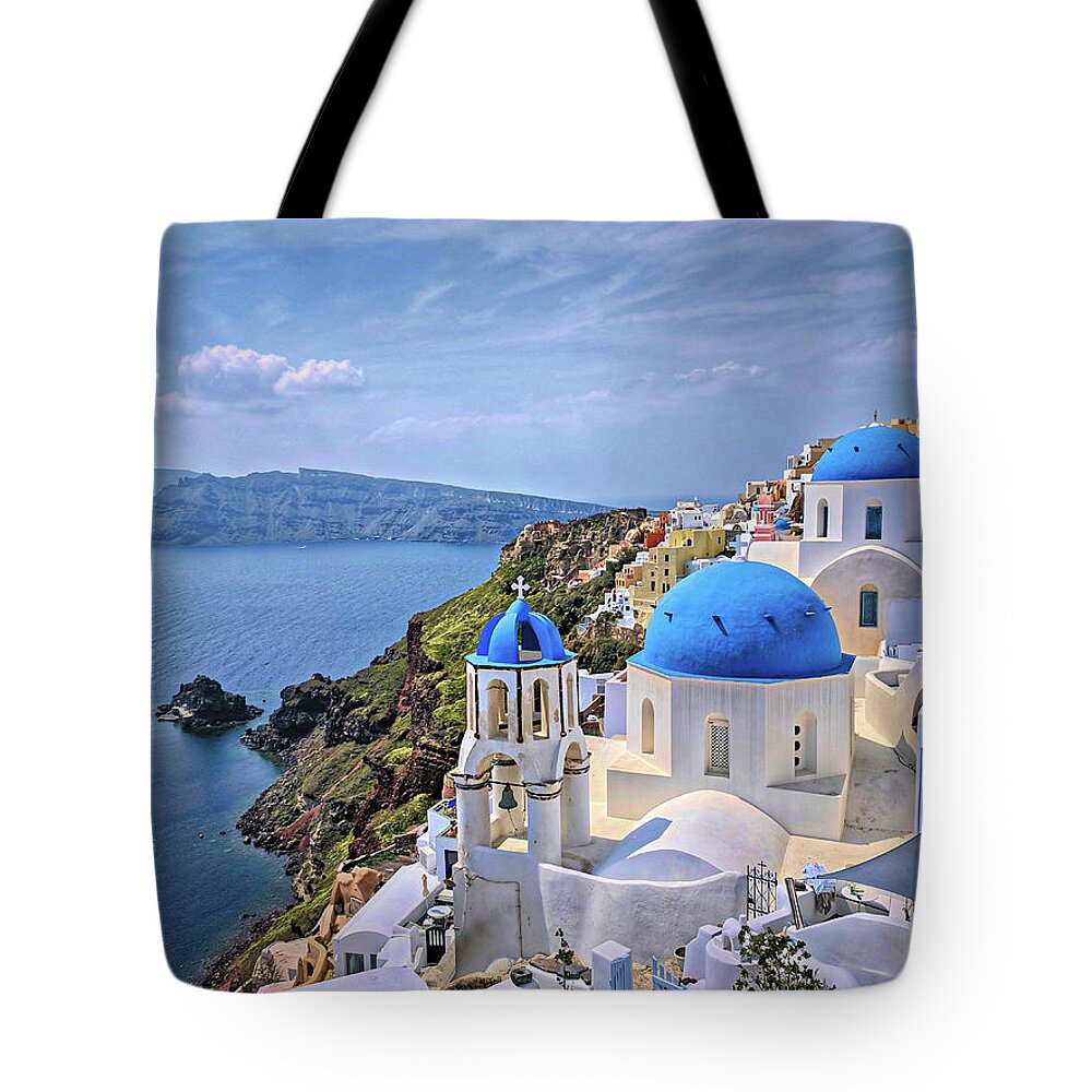 Oia Tote Bag featuring the photograph Blue Roofs of Oia Santorini by Yvonne Jasinski