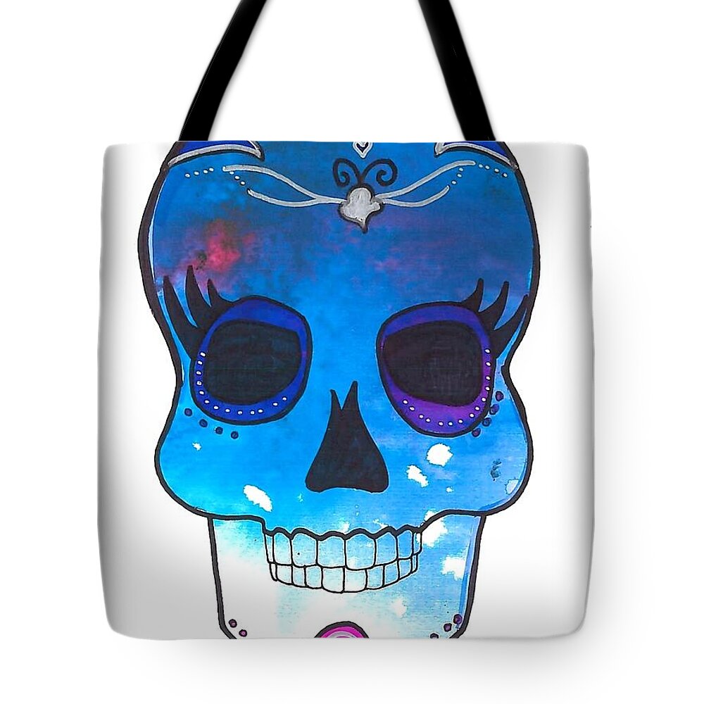 Blue Skull With Eyelashes Tote Bag featuring the mixed media Blue Sugar Skull Lady by Expressions By Stephanie