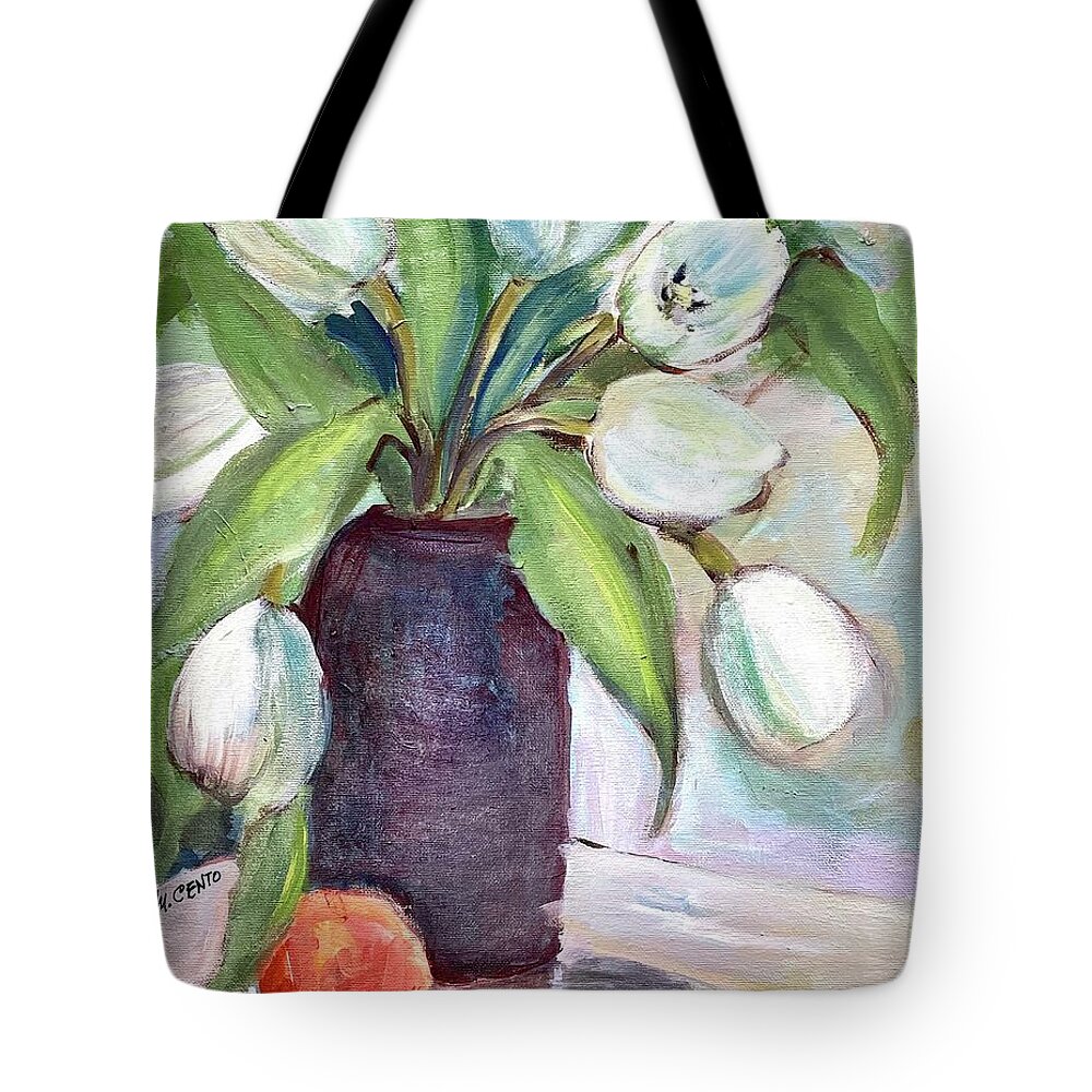 Flowers Tote Bag featuring the painting Blue Vase by Mafalda Cento