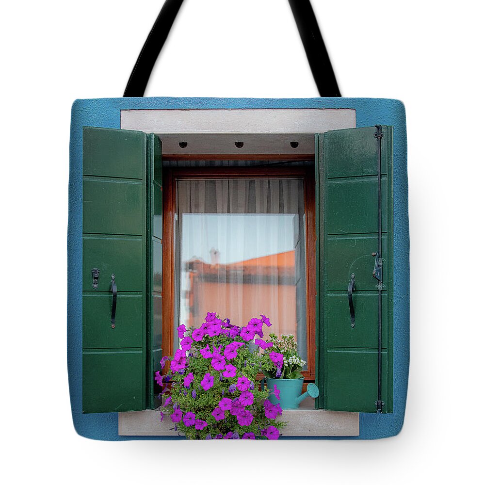 Burano Tote Bag featuring the photograph Blue Window Pink Flowers by David Downs