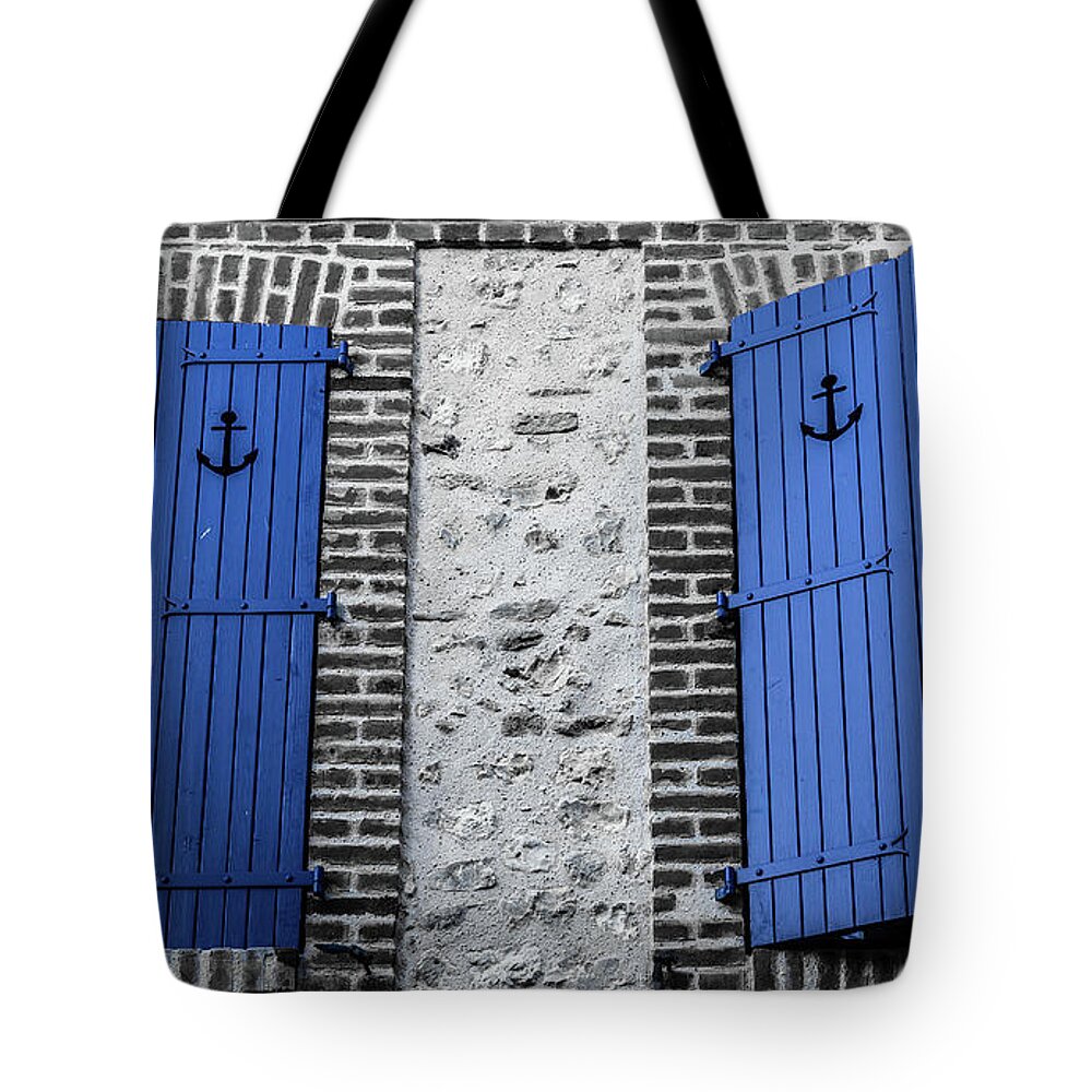 Port City Tote Bag featuring the photograph Blue windows in Normandy, France by Fabiano Di Paolo