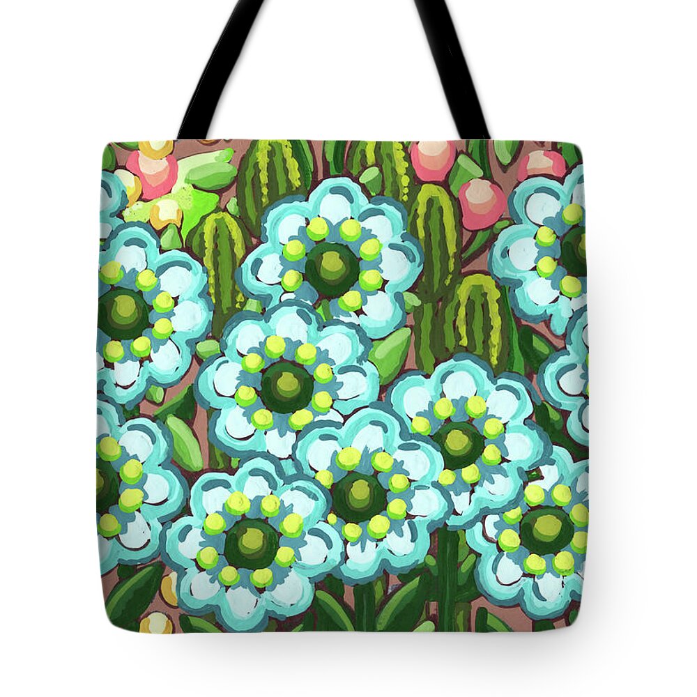 Flower Tote Bag featuring the painting Blueberry Bubble Gum. Posy Picnic Painting Series by Amy E Fraser