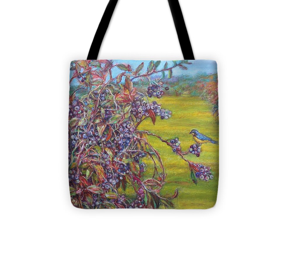 Bluebird Tote Bag featuring the painting Blueberry Bush And Bird by Veronica Cassell vaz
