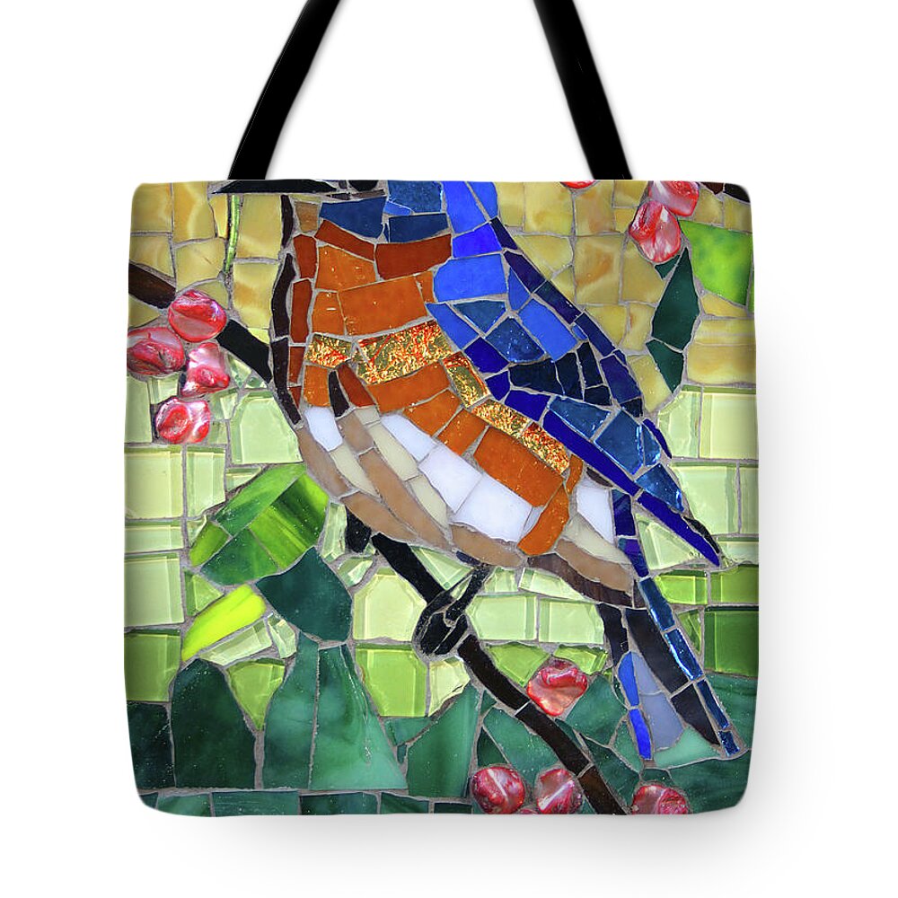 Cynthie Fisher Tote Bag featuring the sculpture Bluebird Glass Mosaic by Cynthie Fisher