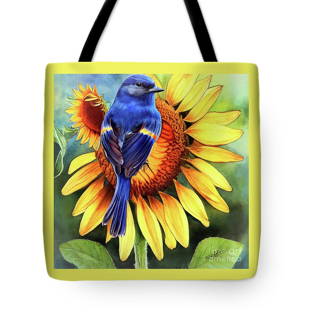 Bluebird Tote Bag featuring the painting Bluebird On The Sunflower 2 by Tina LeCour