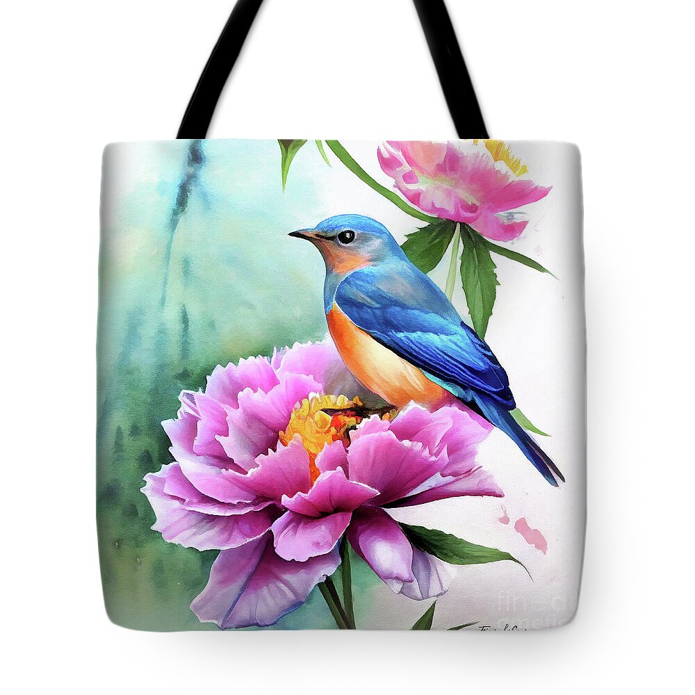 Eastern Bluebird Tote Bag featuring the painting Bluebird Perched On The Peony by Tina LeCour