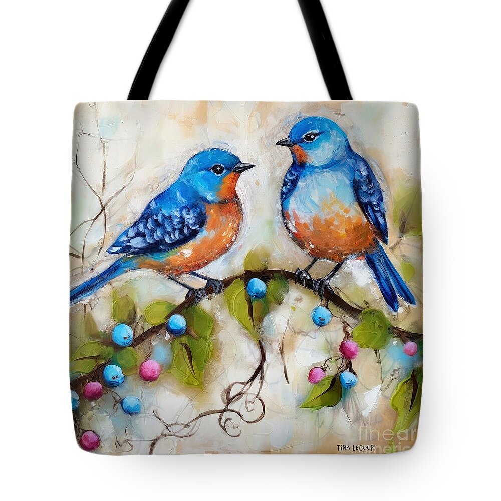 Bluebirds Tote Bag featuring the painting Bluebirds And Berries by Tina LeCour