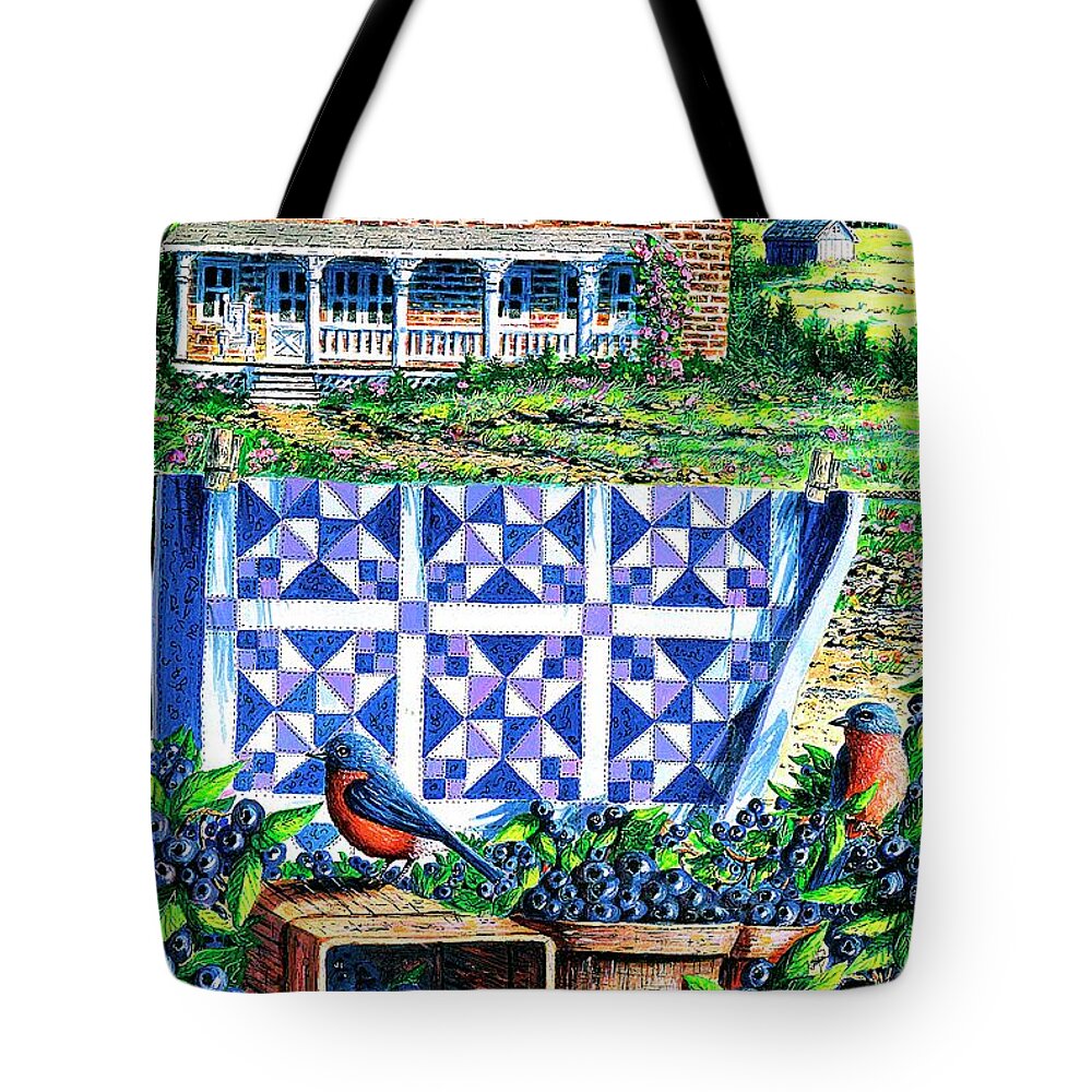 Blueberries Tote Bag featuring the painting Bluebirds and Blueberries by Diane Phalen