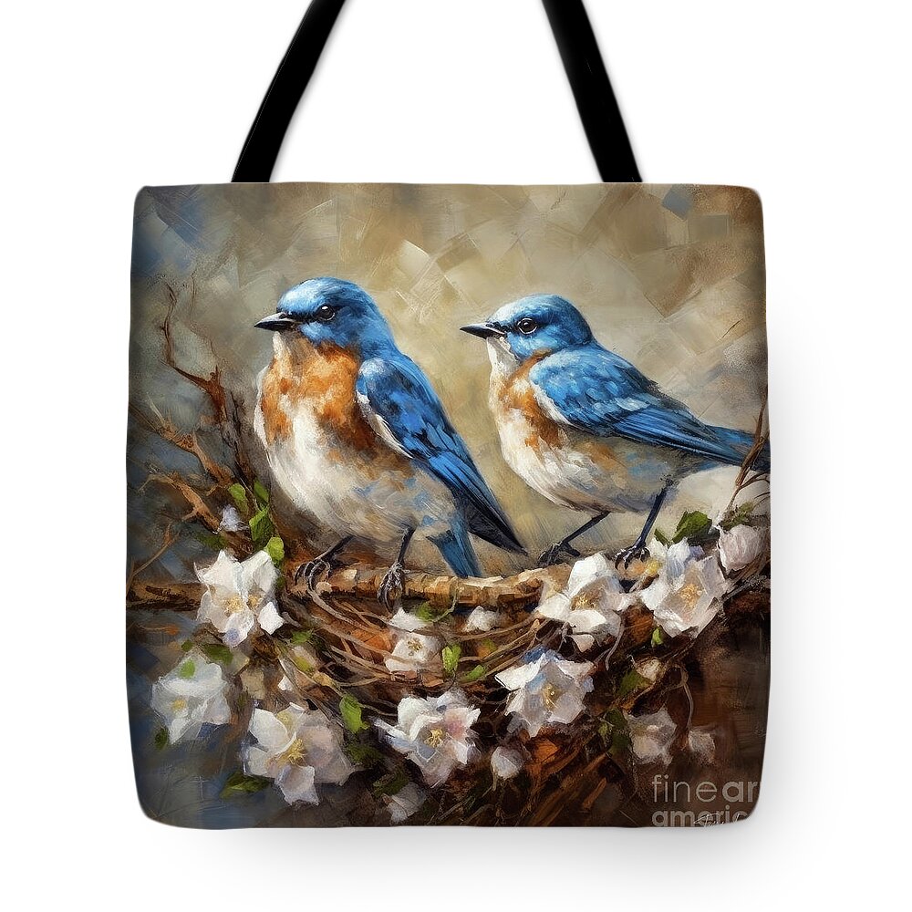 Bluebirds Tote Bag featuring the painting Bluebirds On The Nest by Tina LeCour