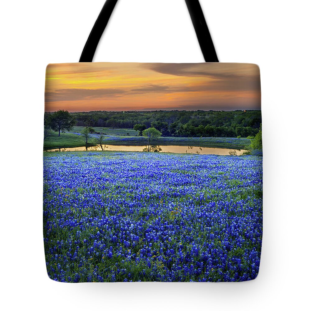 Texas Bluebonnets Tote Bag featuring the photograph Bluebonnet Lake Vista Texas Sunset - Wildflowers landscape flowers pond by Jon Holiday