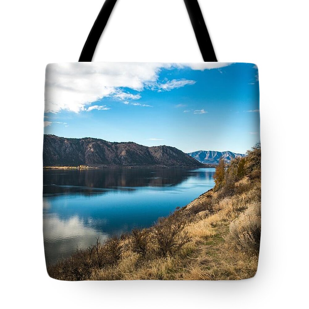 Bluffs Above Blue Columbia Tote Bag featuring the photograph Bluffs above Blue Columbia by Tom Cochran