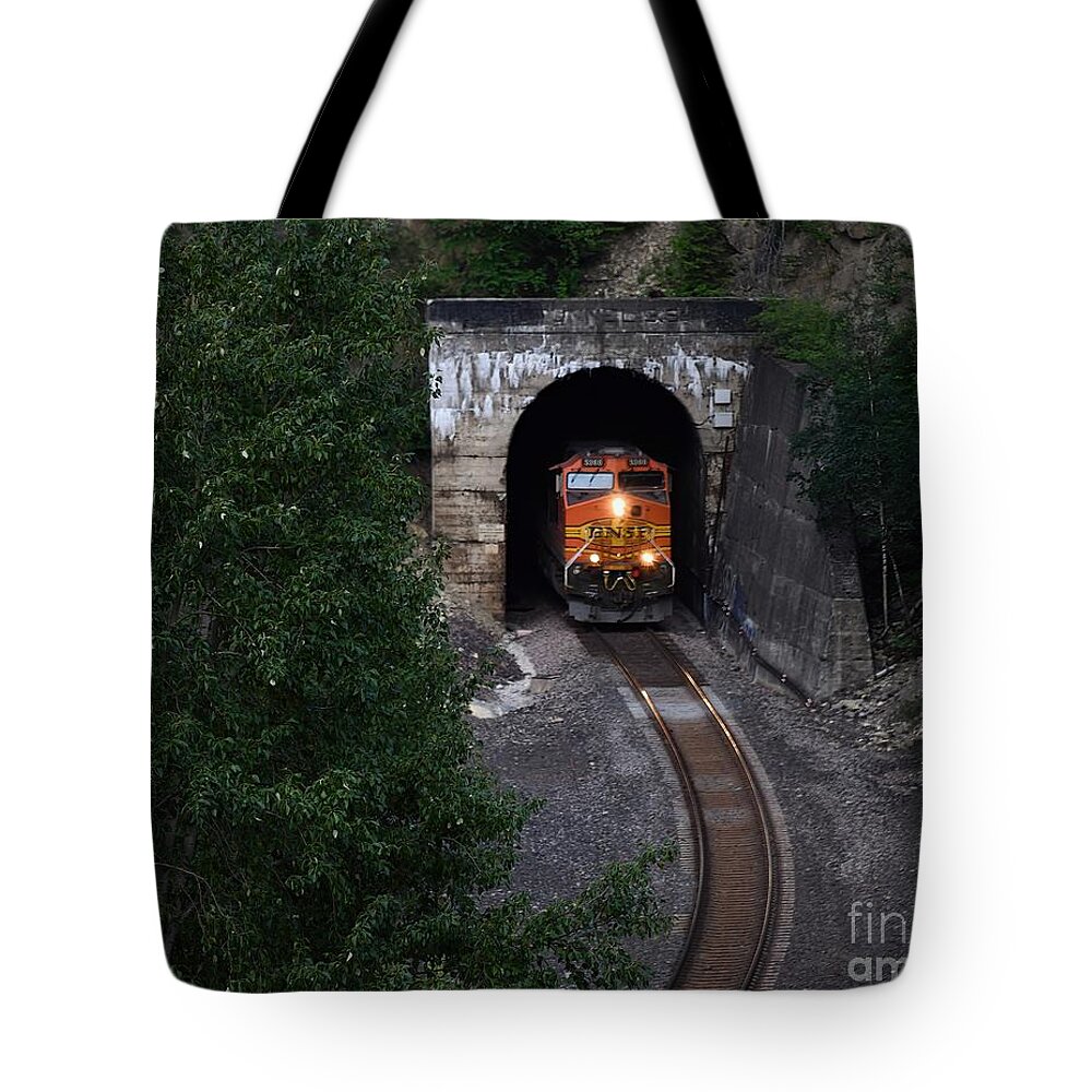 Glacier National Park Tote Bag featuring the photograph BNSF Locomotive by Steve Brown