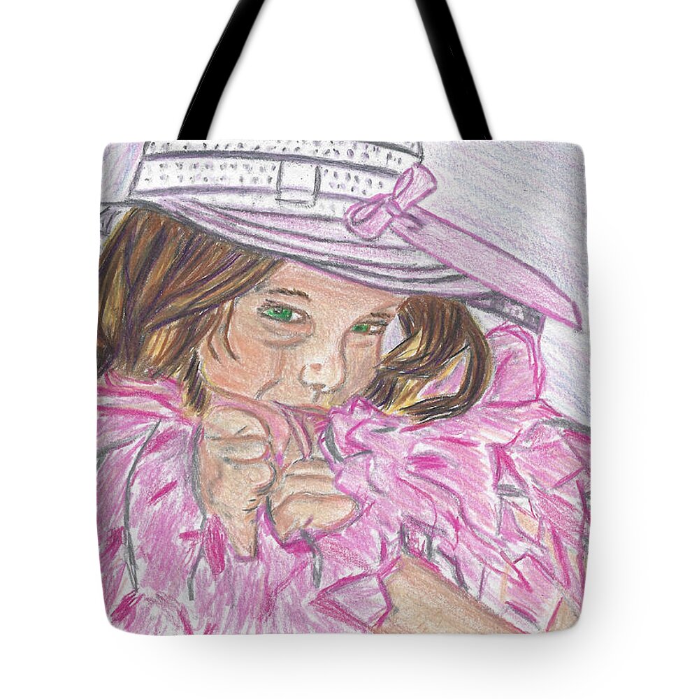 Boa Tote Bag featuring the drawing Boa Baby Colored Pencil Drawing of a Young Girl wearing a White Hat and Pink Feathery Boa by Ali Baucom