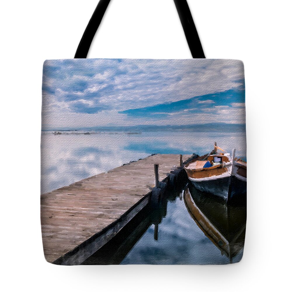 Wave Tote Bag featuring the painting Boat And Sky Beach by Tony Rubino