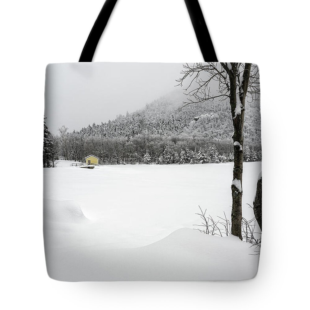 Boat House Tote Bag featuring the photograph Boat House,Winter Echo Lake NH by Michael Hubley
