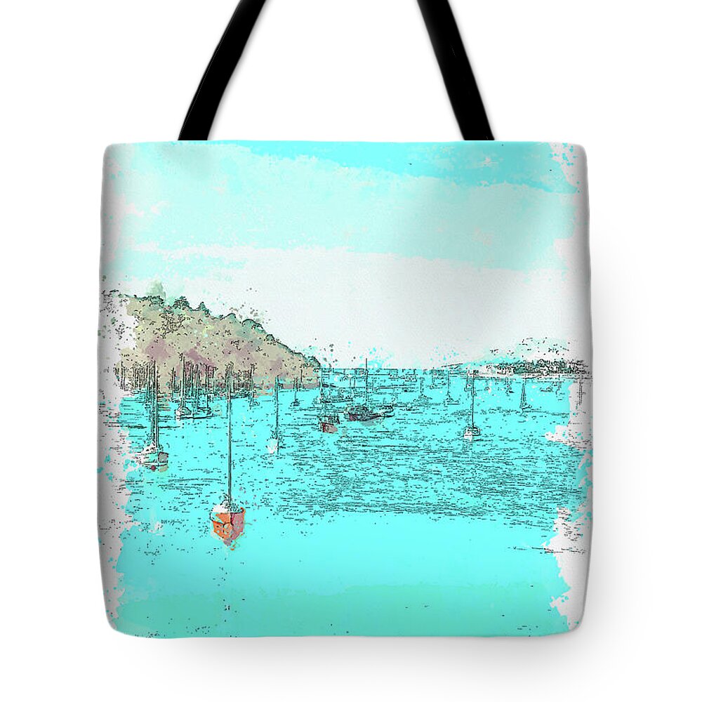 Boats Floating On Bay Watercolor Tote Bag featuring the painting Boats Floating on Bay by Celestial Images