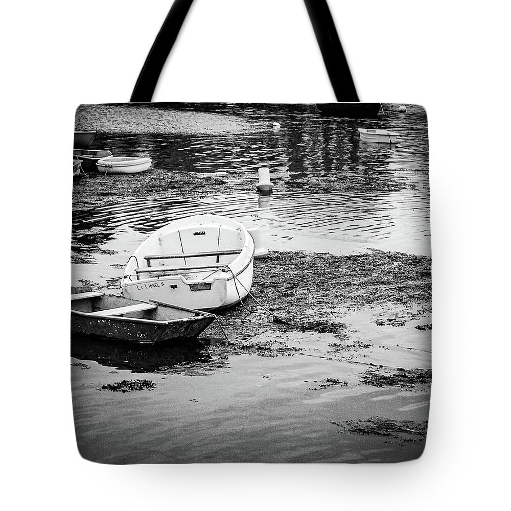 Boats Tote Bag featuring the photograph Boats in black and white by Jim Feldman