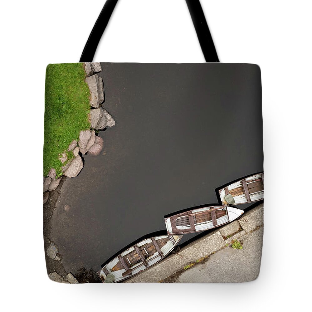 Minimal Tote Bag featuring the photograph Drone aerial of Boats on the river in a lake by Michalakis Ppalis