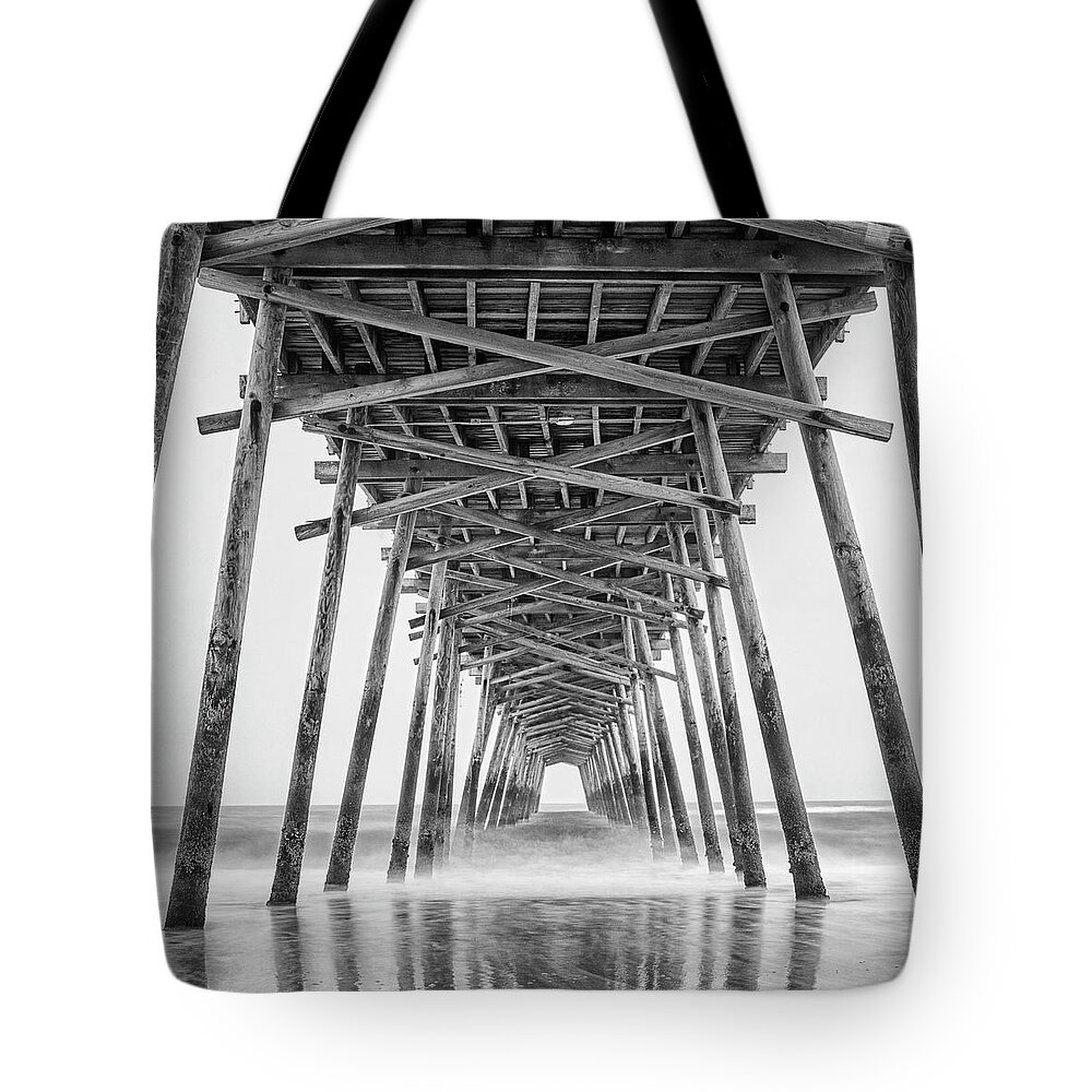 Bogue Inlet Tote Bag featuring the photograph Bogue Inlet Fishing Pier on a Foggy Evening by Bob Decker