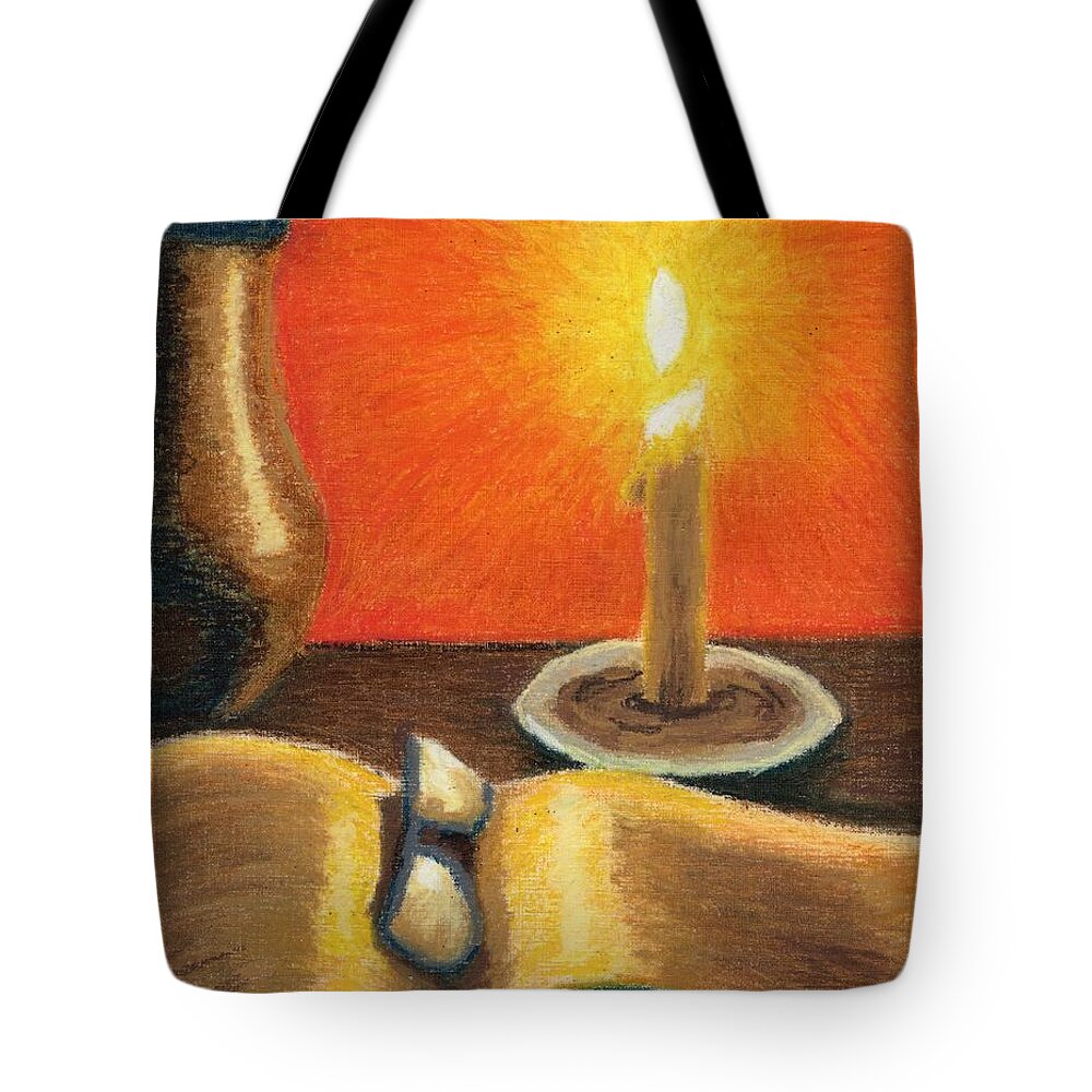 Still Life Tote Bag featuring the pastel Book Reading by Candle Light by Katrina Gunn