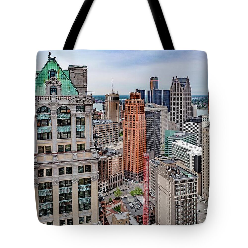 Detroit Tote Bag featuring the photograph Book Tower Building DJI_0586 Detroit Michigan by Michael Thomas