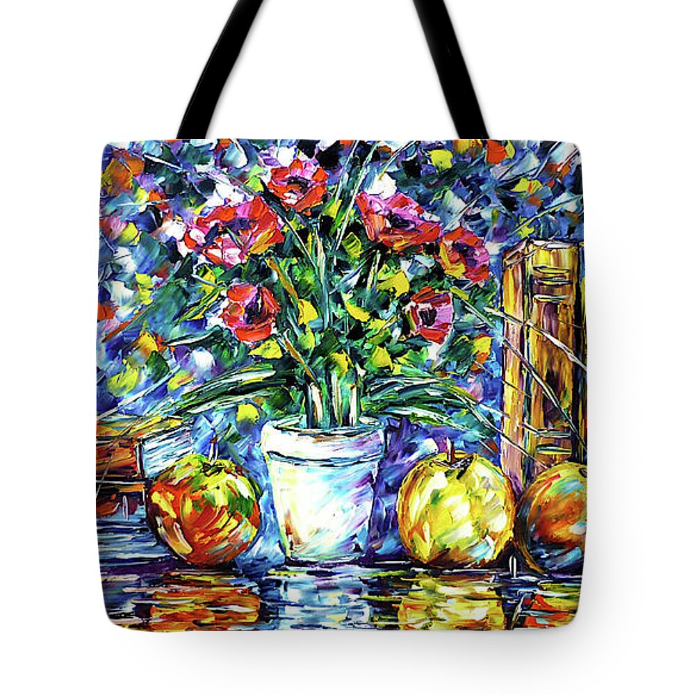 Horizontal Still Life Painting Tote Bag featuring the painting Books, Flowers And Apples by Mirek Kuzniar