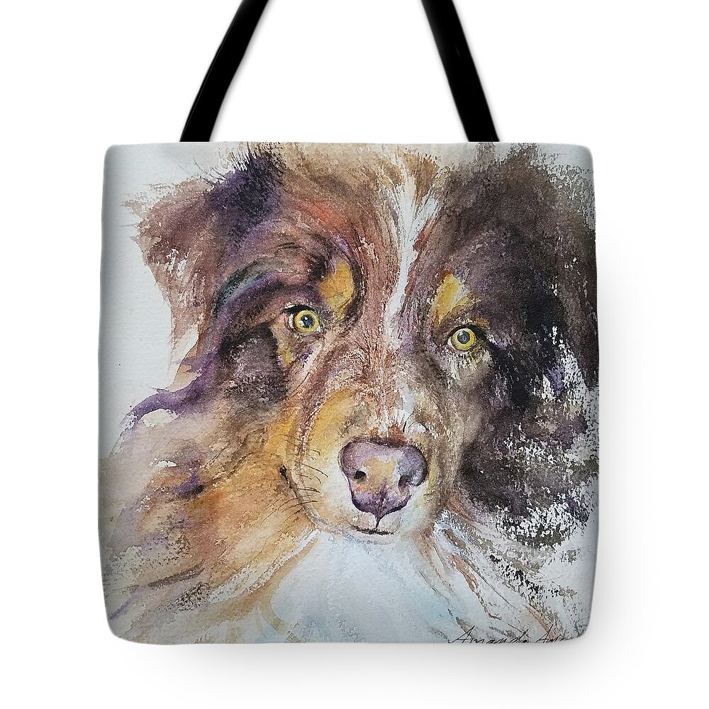 Australian Shepherd Tote Bag featuring the painting Boots by Amanda Amend