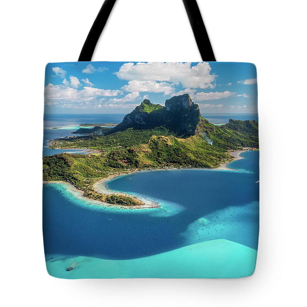 Bora Bora Tote Bag featuring the photograph Bora Bora - aerial view of the island and the lagoon by Olivier Parent