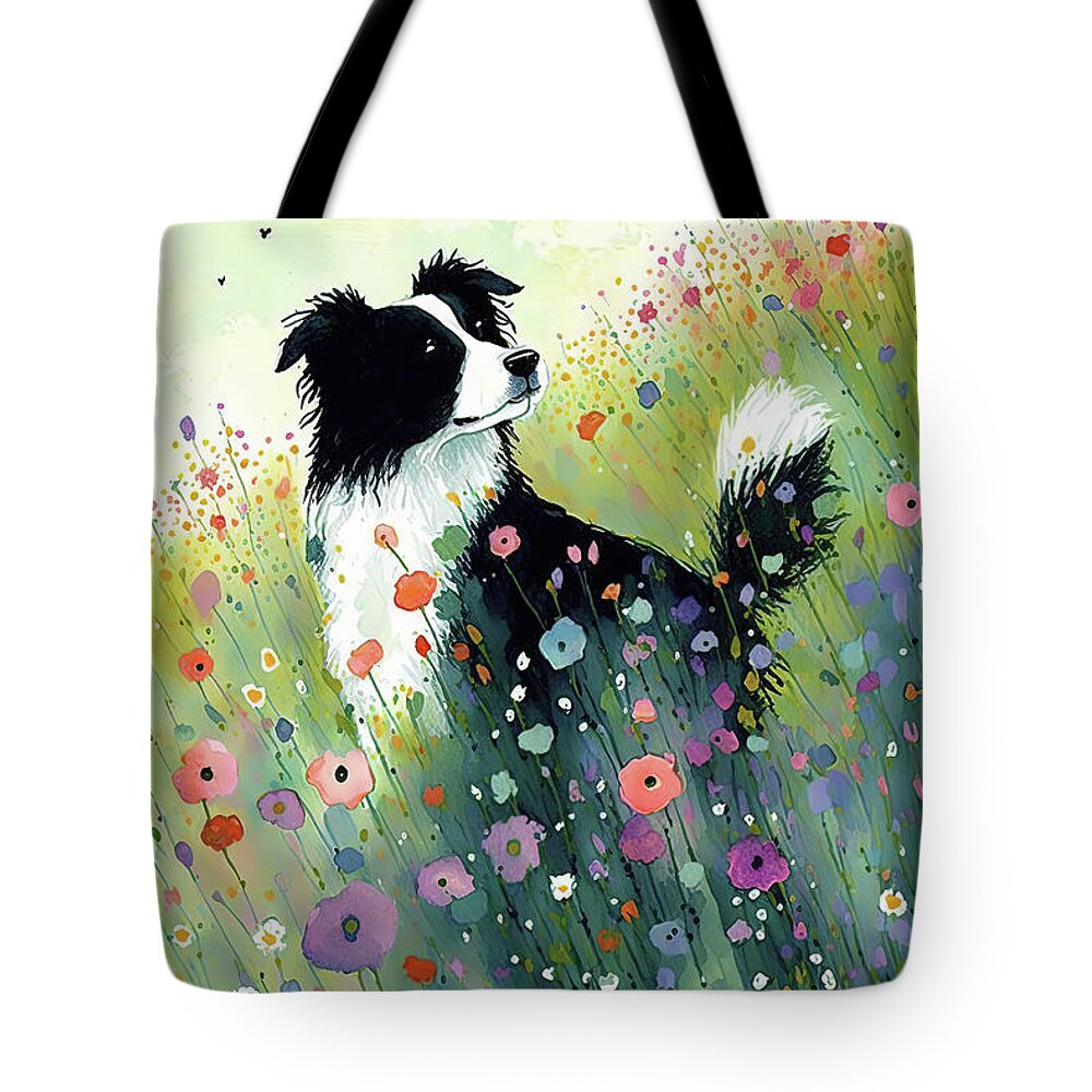 Border Collie Tote Bag featuring the digital art Border collie in a flower field by Debbie Brown
