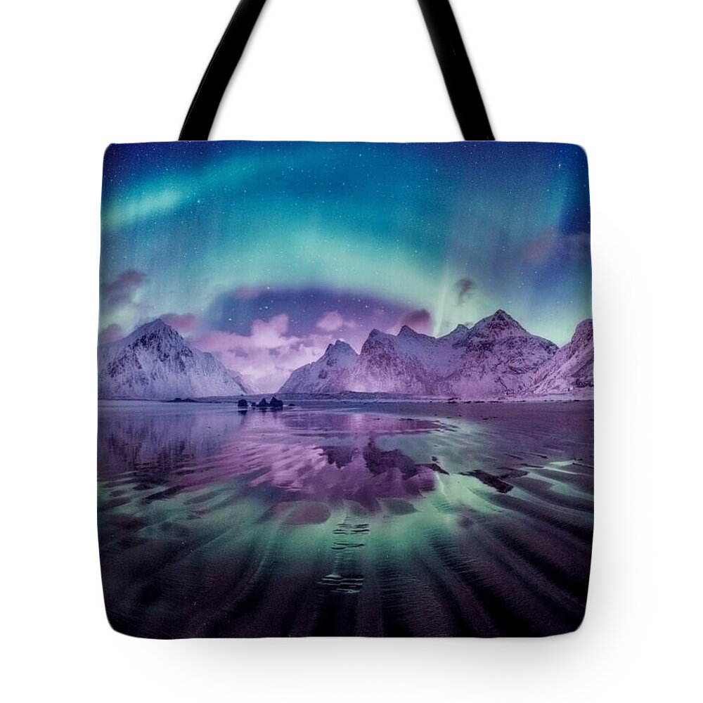 Aurora Tote Bag featuring the photograph Borealis Over Norway by World Art Collective