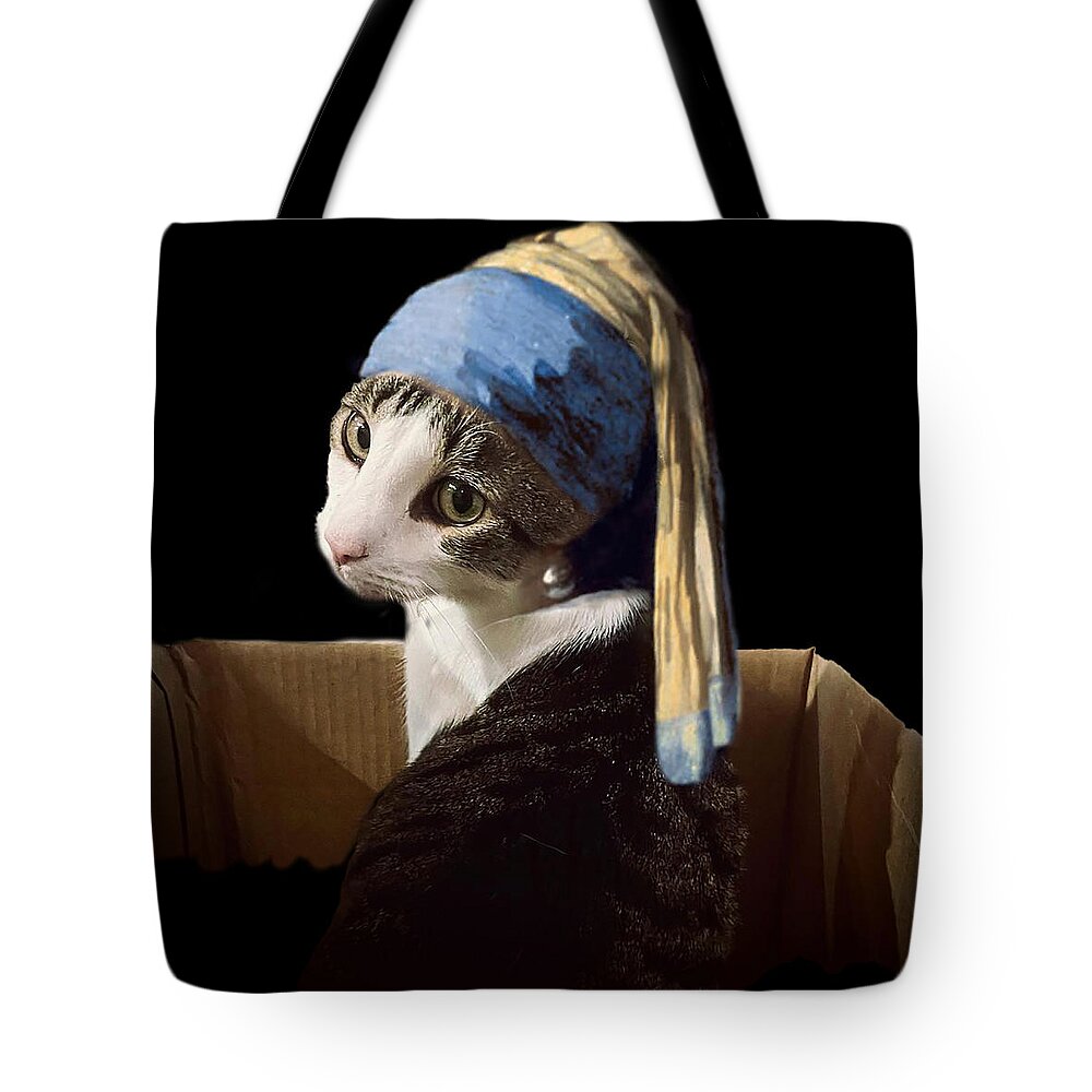 Digital Art Tote Bag featuring the digital art Cat With A Pearl Earring by Jerald Blackstock