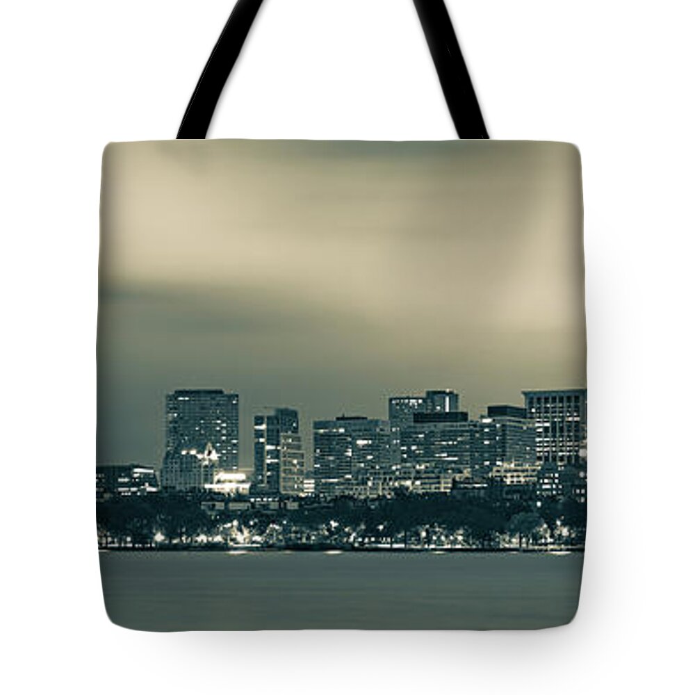 Boston Skyline Panorama Tote Bag featuring the photograph Boston Back Bay Skyline Panorama in Sepia Monochrome by Gregory Ballos