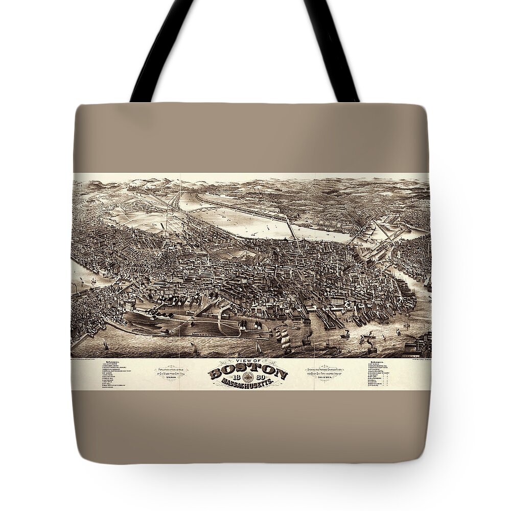 Boston Tote Bag featuring the photograph Boston Massachusetts Antique Map Birds Eye View 1880 by Carol Japp