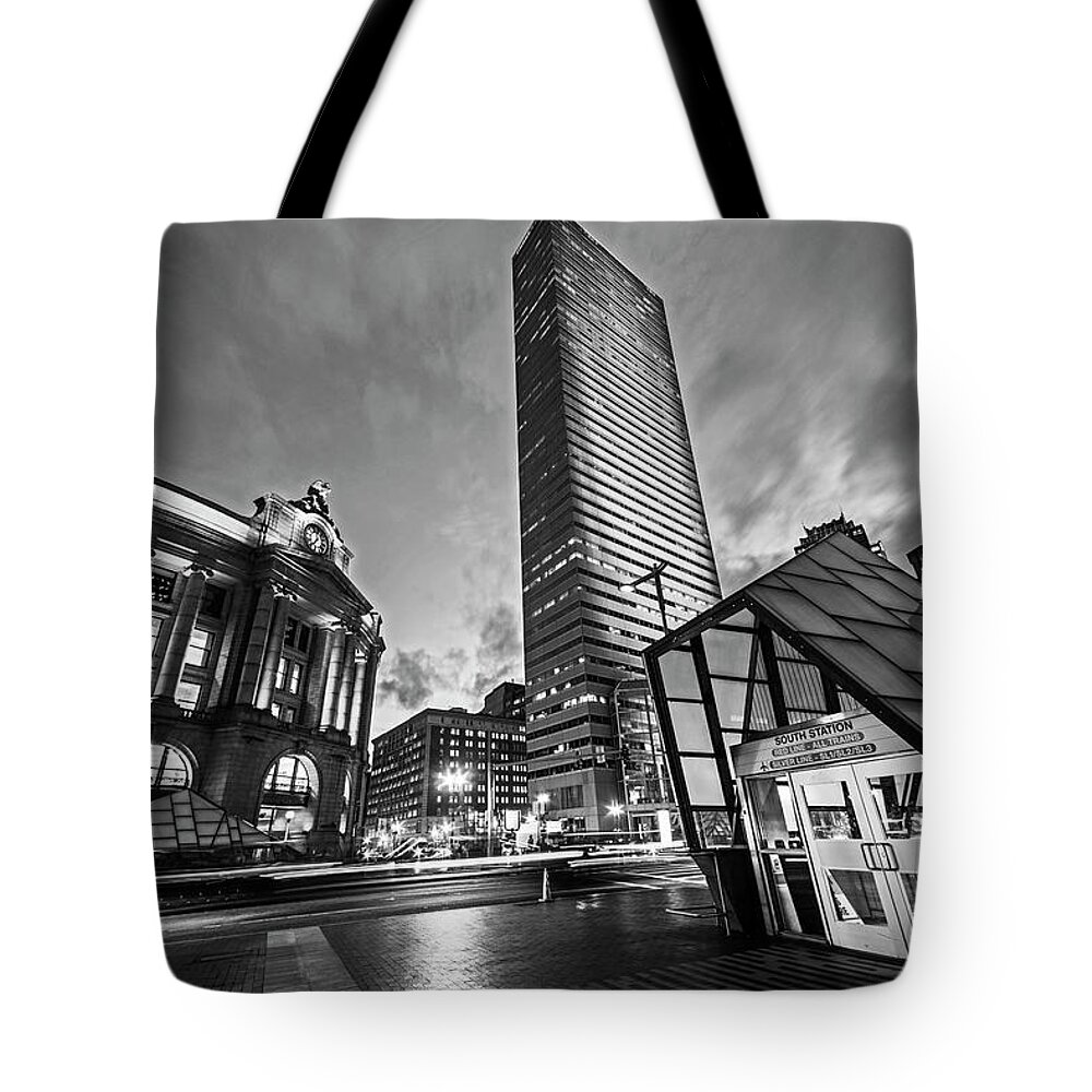 Boston Tote Bag featuring the photograph Boston Summer St South Station at Dusk Black and White by Toby McGuire