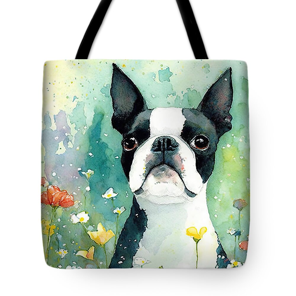 Boston Terrier Tote Bag featuring the digital art Boston Terrier in a flower field 4 by Debbie Brown