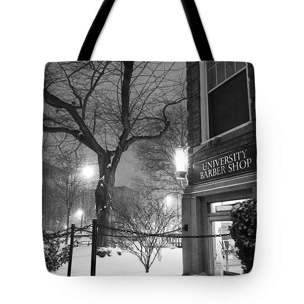 Boston University Tote Bag featuring the photograph Boston University Barber Shop winter 2019 by Joe Schofield