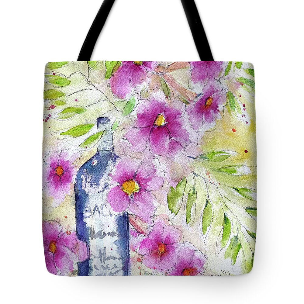 Wine Bottle Tote Bag featuring the painting Bottle and Blooms by Roxy Rich