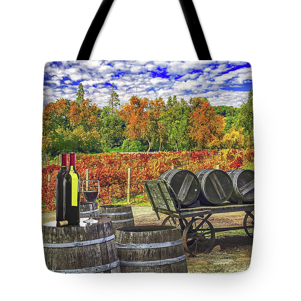 Barrels Tote Bag featuring the photograph BOTTLES AND WINE BARRELS, California by Don Schimmel