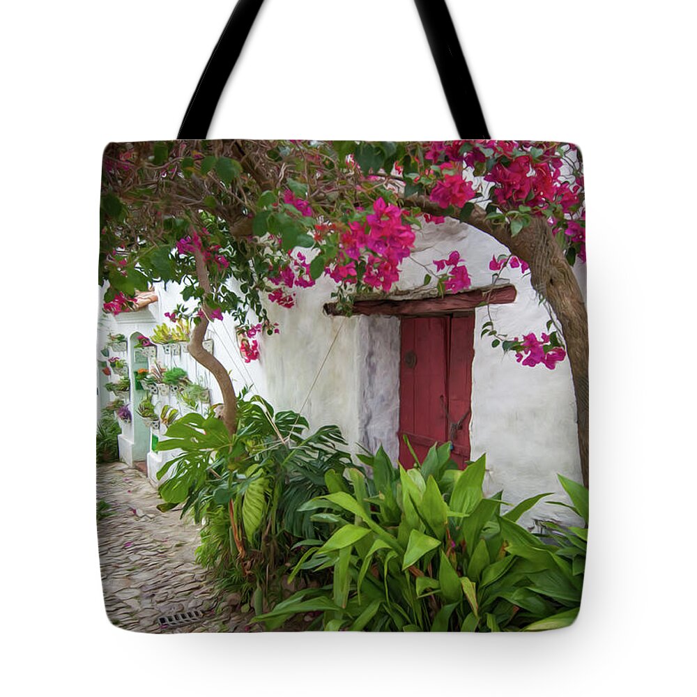 Spain Tote Bag featuring the digital art Bougainvillea Flowers on the street of Spain by Naomi Maya