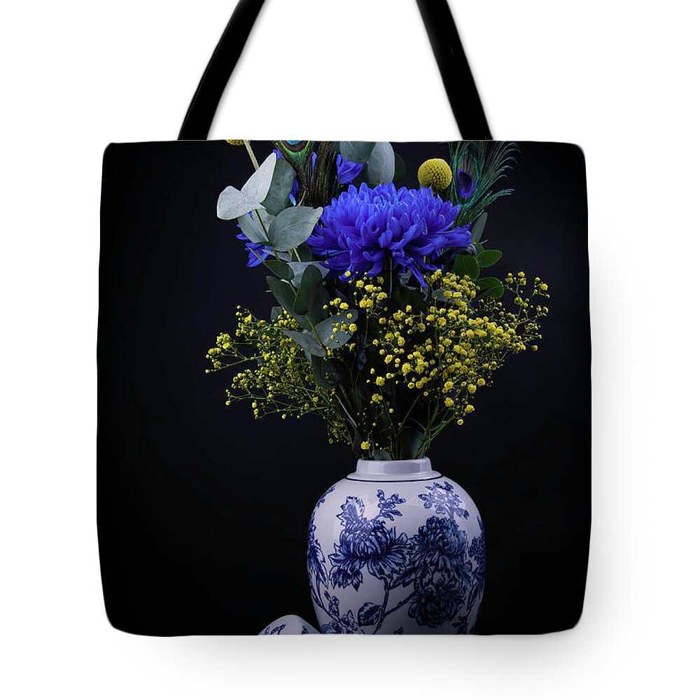 Stillife With Flowers Tote Bag featuring the digital art Bouquet in the color of Vermeer by Marjolein Van Middelkoop