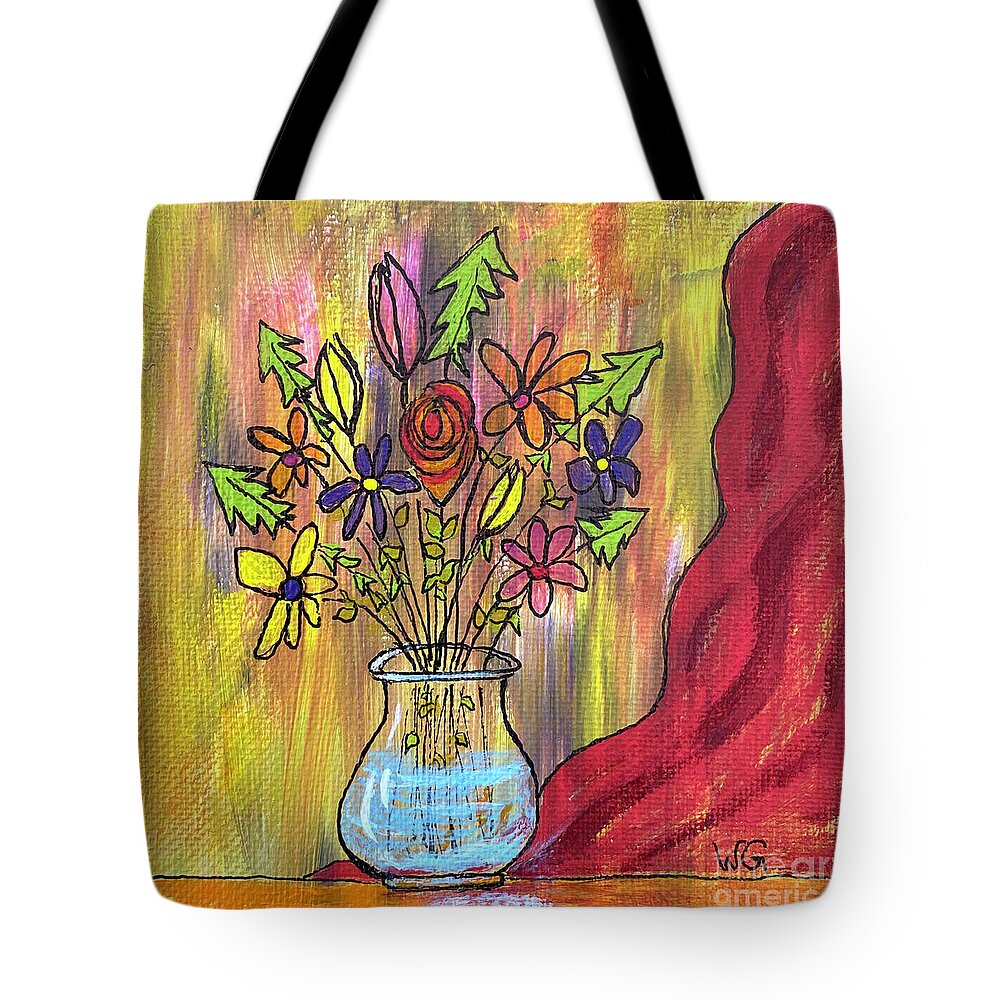 Floral Tote Bag featuring the painting Bouquet with Red Cloth by Wendy Golden