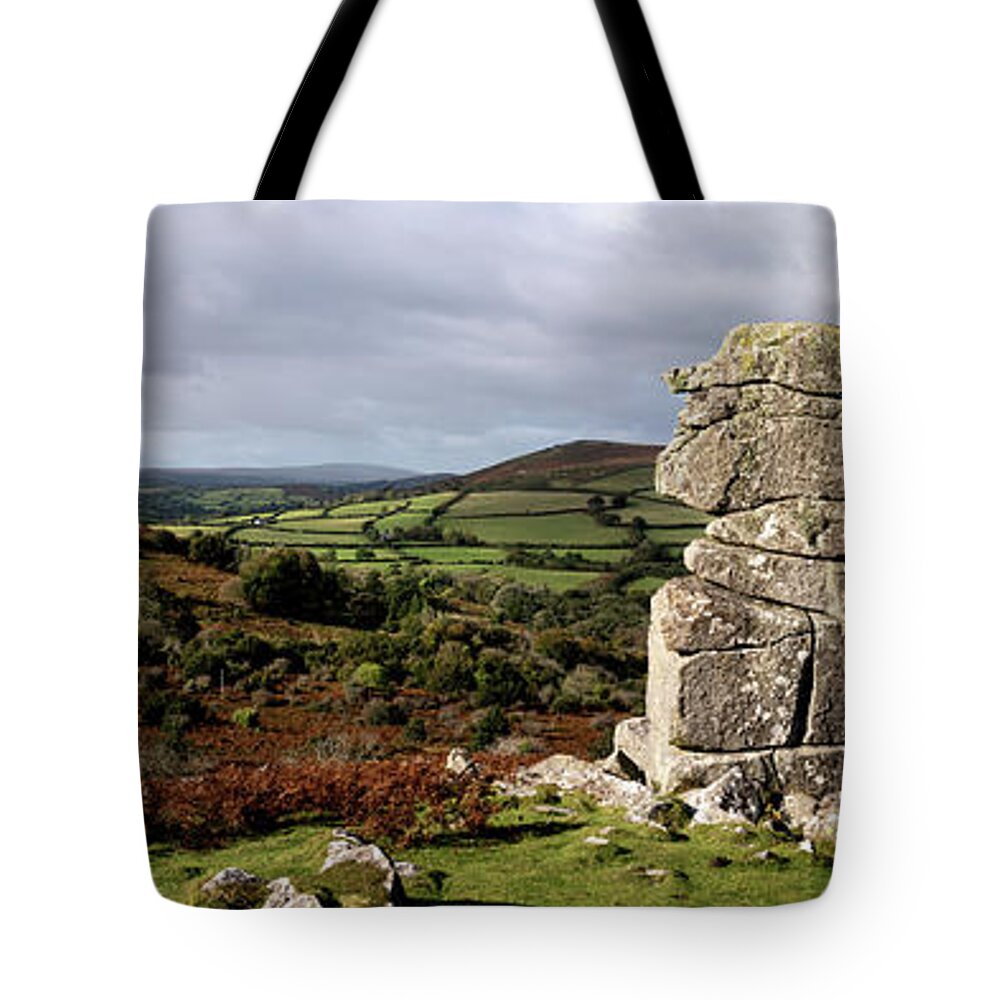 Devon Tote Bag featuring the photograph Bowermans nose tor dartmoor national park devon panorama by Sonny Ryse