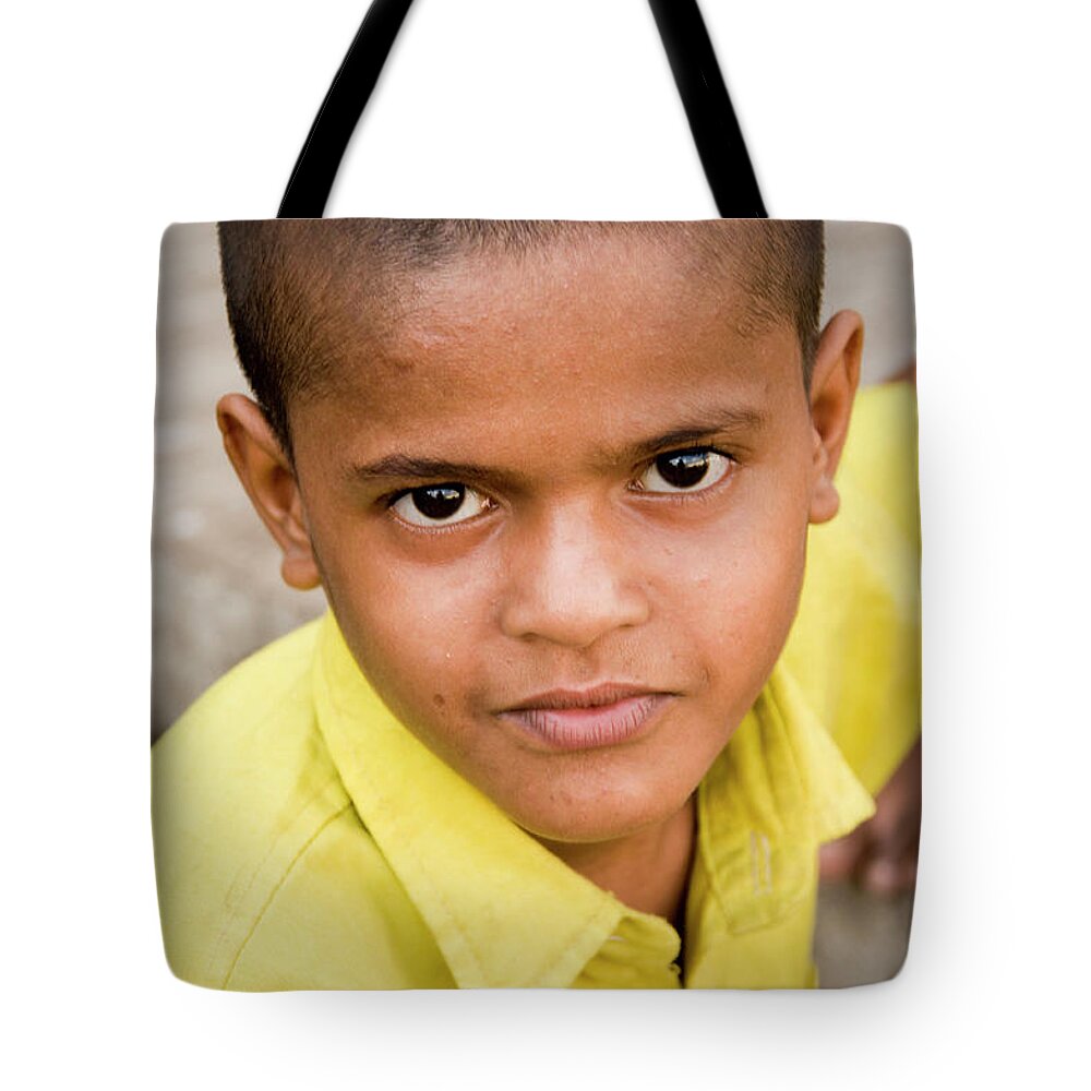 Children Tote Bag featuring the photograph Boy in Mumbai Close-up by Lieve Snellings