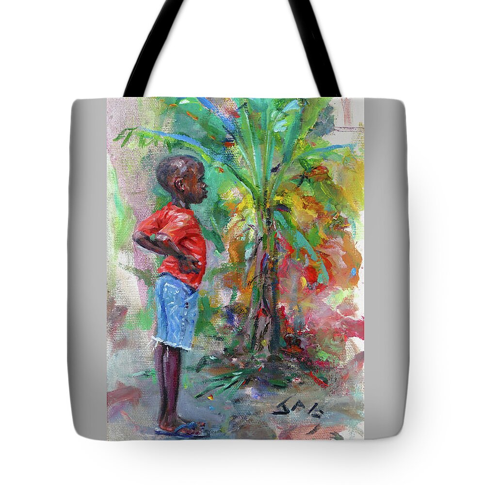 Caribbean Tote Bag featuring the painting Boy in Orange Shirt by Jonathan Gladding