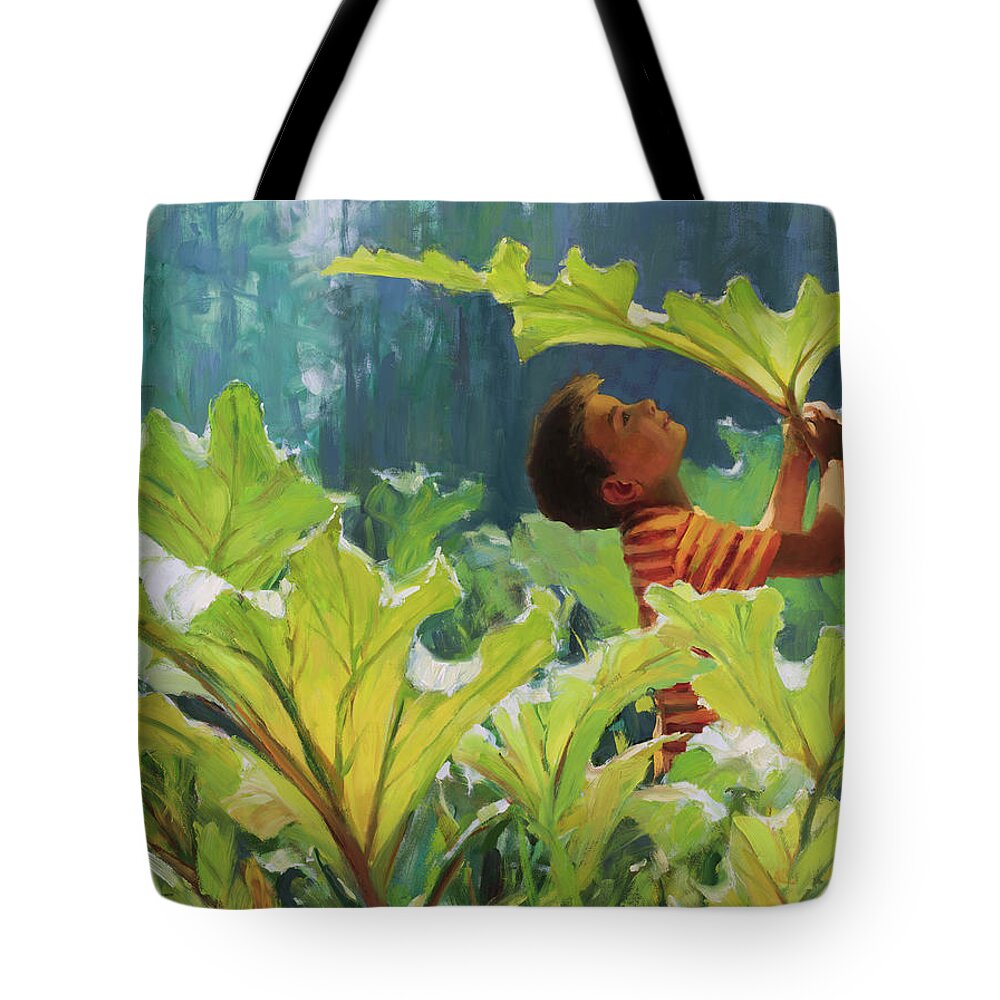 Forest Tote Bag featuring the painting Boy in the Rhubarb Patch by Steve Henderson