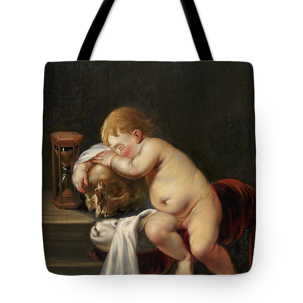 Pieter Moninckx Tote Bag featuring the painting Boy sleeping on a Skull by Pieter Moninckx