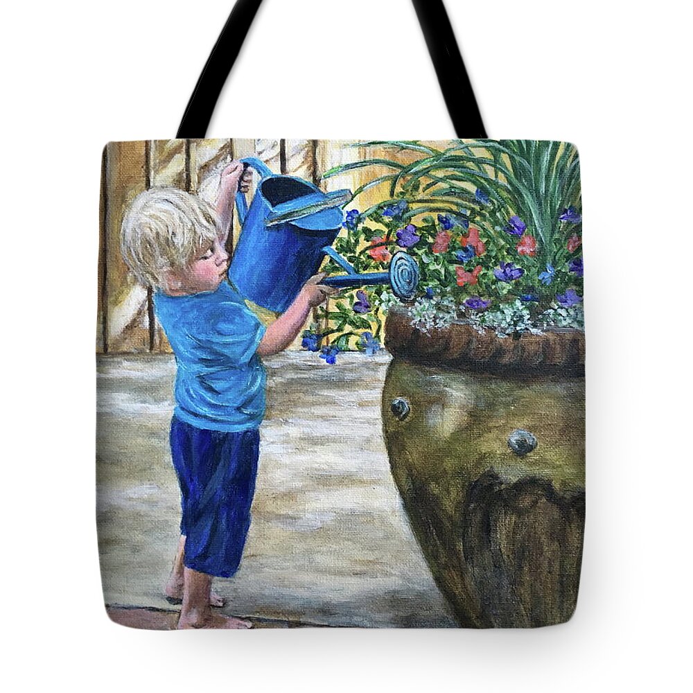 Boy Tote Bag featuring the painting Boy Watering Flowers by Bonnie Peacher